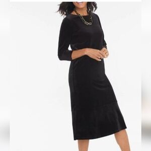 Chico’s Travelers Black Velvet Midi Dress Draped Neckline Elegant
